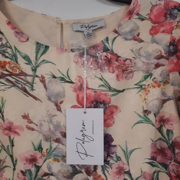 Polagram Cream Floral Puff Sleeve Tiered Mini XL Sonia Dress Side Pockets NWT - Picture 9 of 16